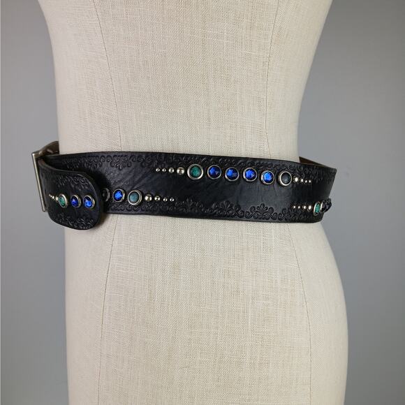 VTG SZ L Black Leather Handcrafted Belt Turquoise Gems Silver Studs Made USA main image 6